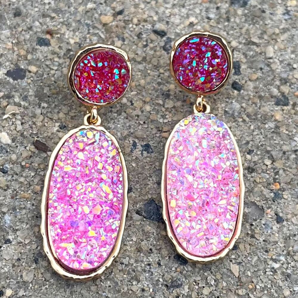 Pink Druzy Drop Earrings Gold Tone Glitter Oval Dangle Statement Jewelry NWT New